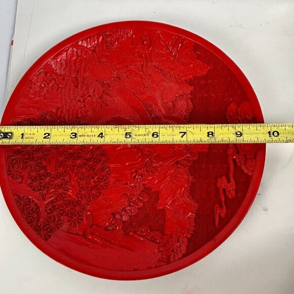Vintage Chinese Red Cinnabar Hand Carved Wood Plate Landscape 10" - Picture 10 of 10